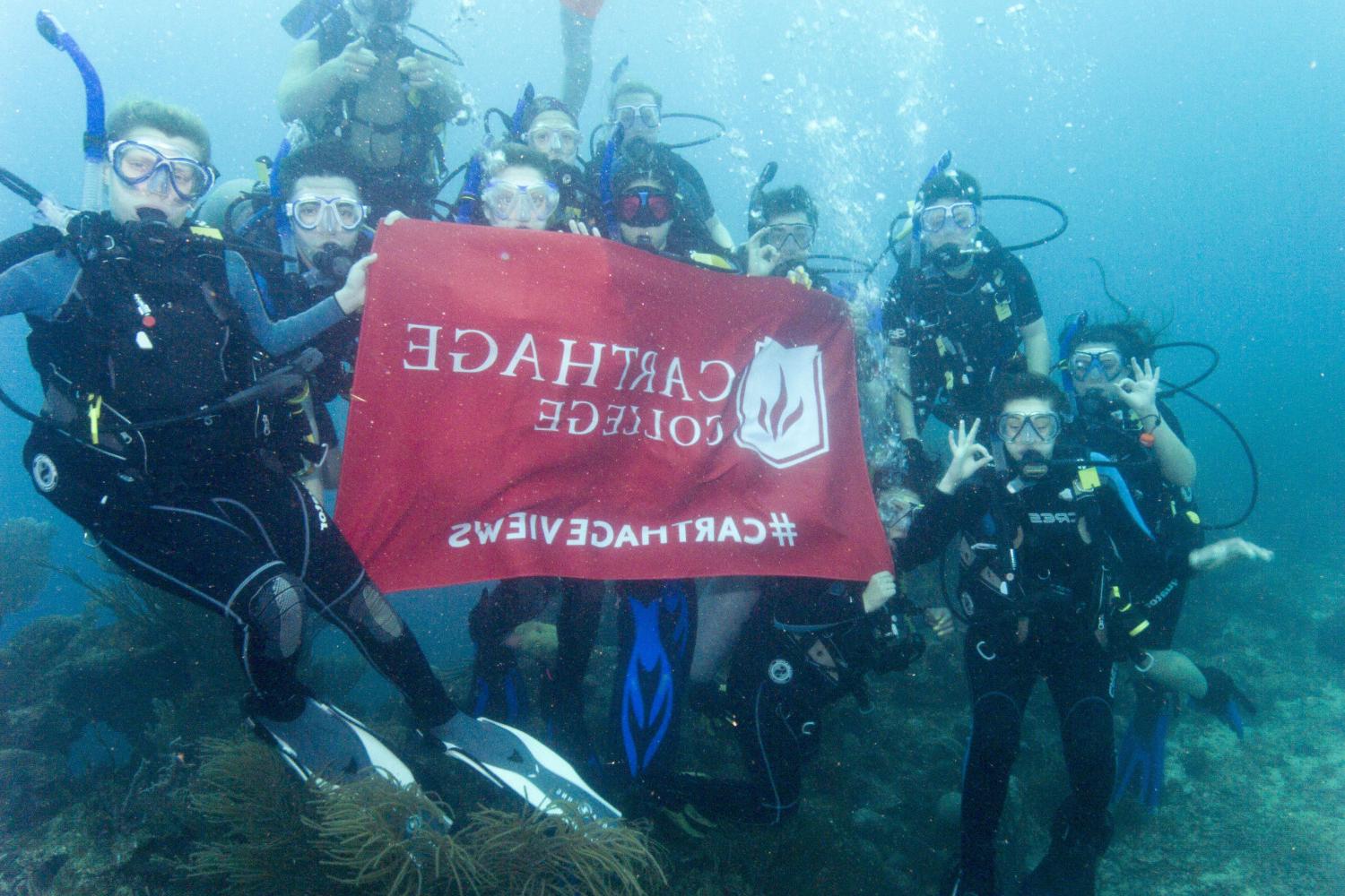 学生们手持<a href='http://u9zw.ngskmc-eis.net'>bv伟德ios下载</a>旗帜，在j学期洪都拉斯游学之旅中潜水.